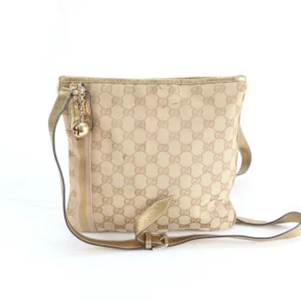 Gucci Web Stripe GG Canvas Leather Tote 2Way Crossbody Bag Gold